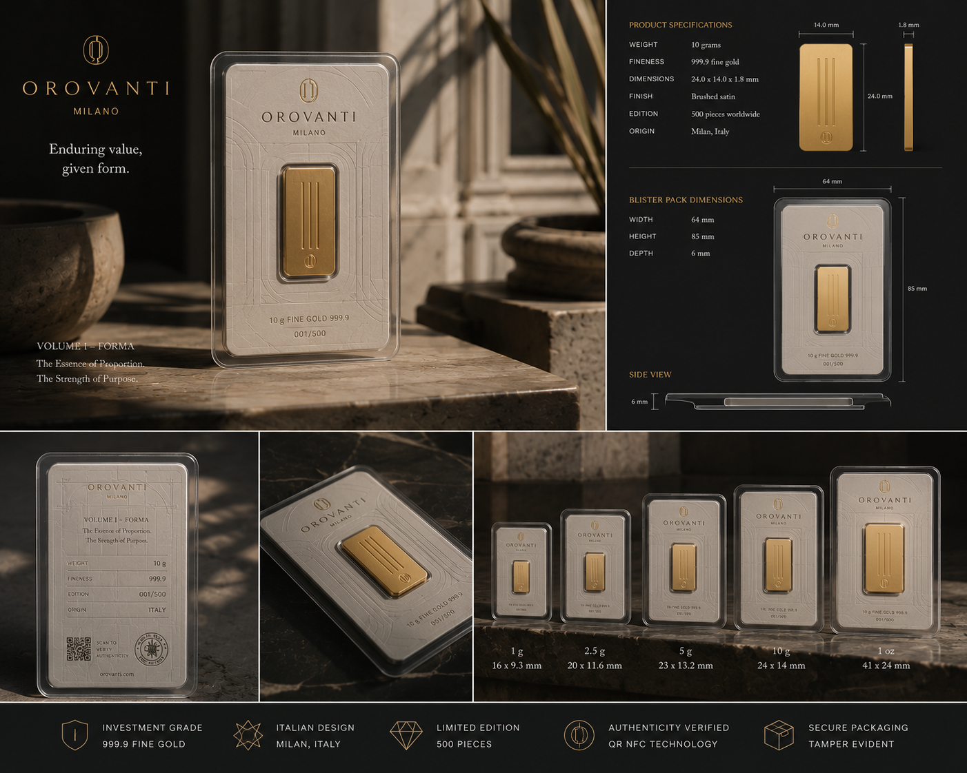 Technical layout for VOL. I — FORMA, showing bar, blister, presentation and family.